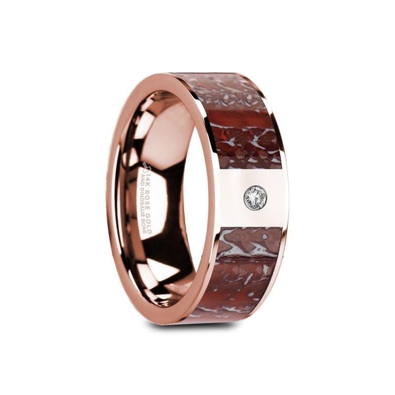 GRUEV Flat 14K Rose Gold Ring with Red Dinosaur Bone Inlay & White Diamond Setting - 8mm