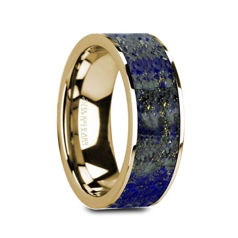 GELASIUS Flat 14K Yellow Gold Ring with Blue Lapis Lazuli Inlay and Polished Edges - 8mm