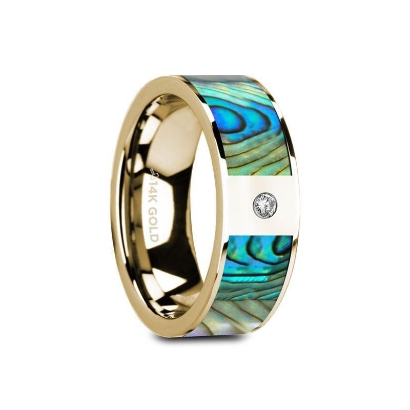 GALATEA Flat 14K Yellow Gold Ring with Mother of Pearl Inlay & White Diamond Setting - 8mm