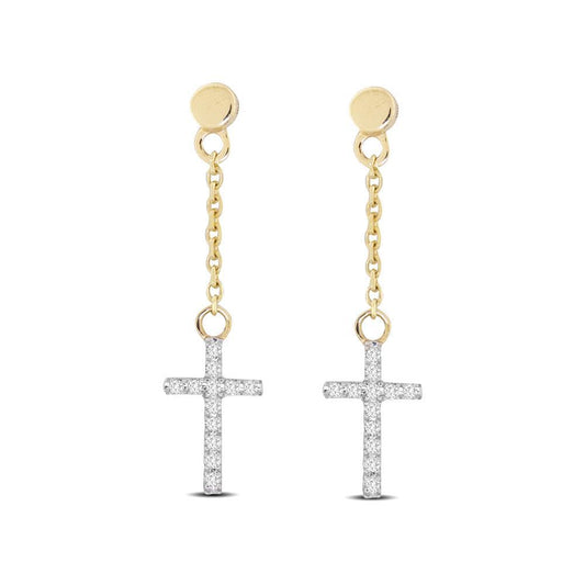 10K Yellow Gold 1/20 Ct.Tw.Diamond Cross Dangler Earrings - Larson Jewelers