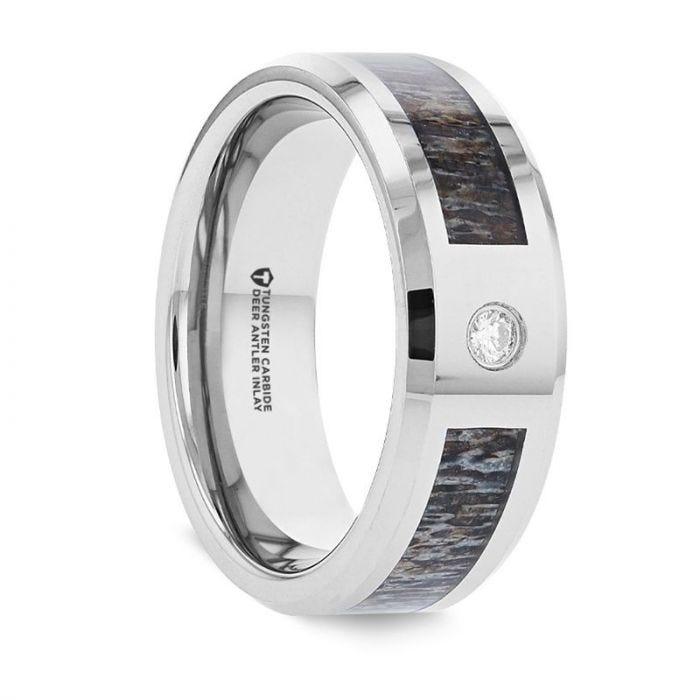 COLTON Tungsten Carbide Ring with Ombre Deer Antler Inlay Polished Beveled Edges with Diamond - 8mm