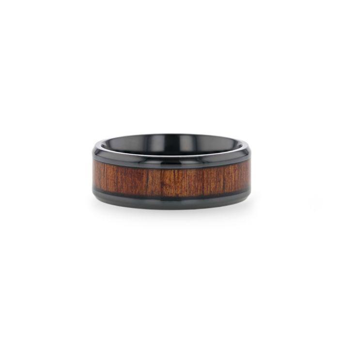 LEIFI Black Titanium Ring with Koa Wood Inlay and Bevels - 8mm