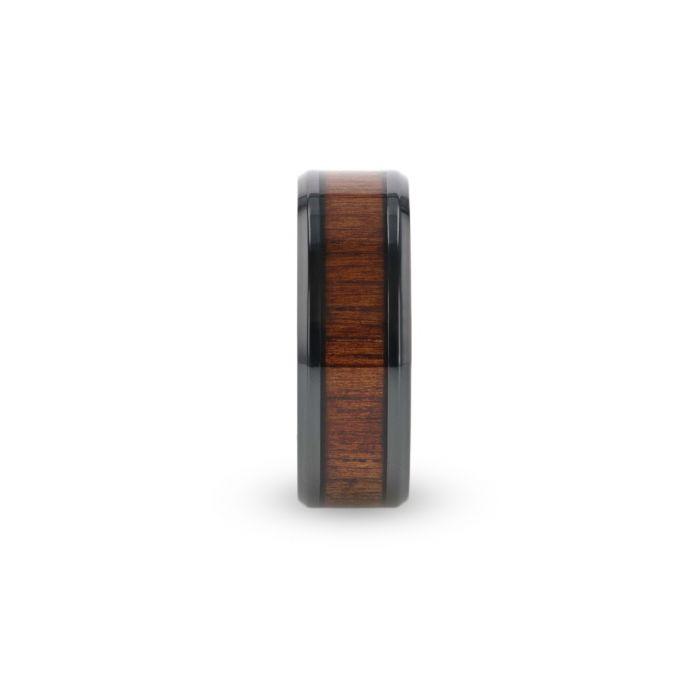 LEIFI Black Titanium Ring with Koa Wood Inlay and Bevels - 8mm