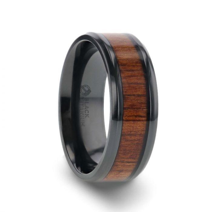 LEIFI Black Titanium Ring with Koa Wood Inlay and Bevels - 8mm