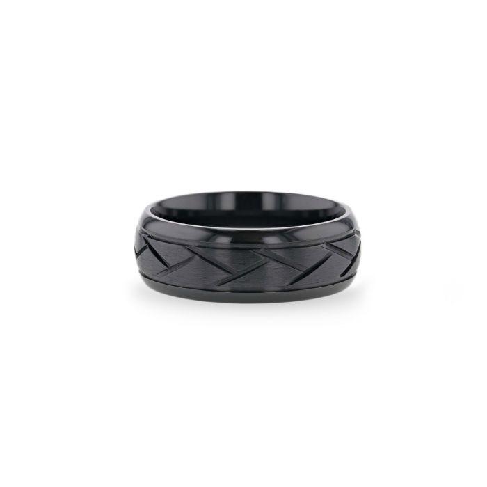 JAX Domed Black Titanium Ring with Brushed Cross Alternating Diagonal Cuts Pattern - 8mm