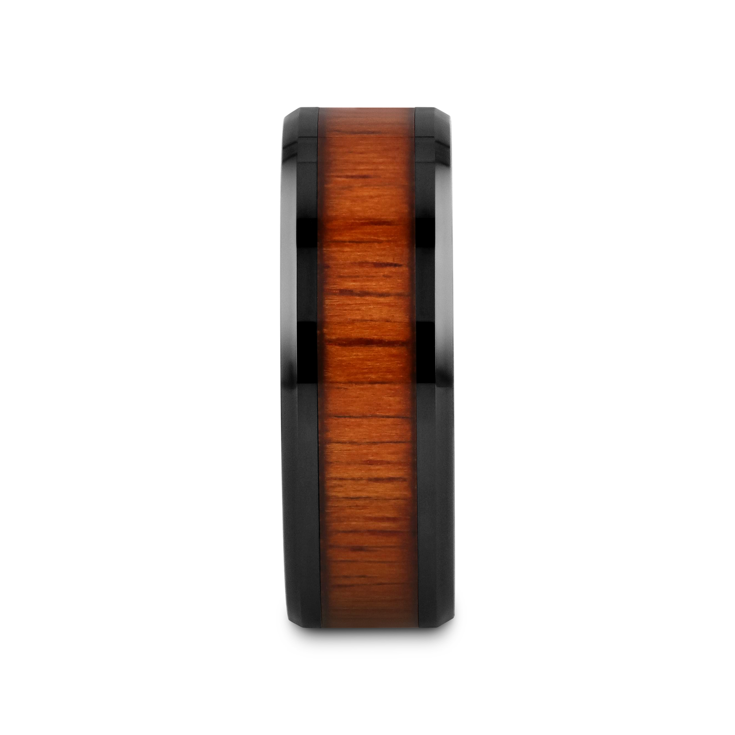 ACACIA Koa Wood Inlaid Black Ceramic Ring with Bevels - 8mm - 12mm