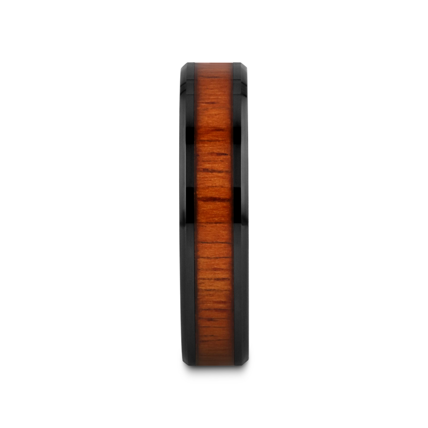 ACACIA Koa Wood Inlaid Black Ceramic Ring with Bevels - 8mm - 12mm