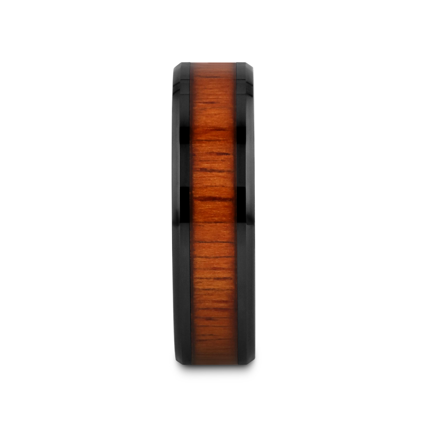 ACACIA Koa Wood Inlaid Black Ceramic Ring with Bevels - 8mm - 12mm