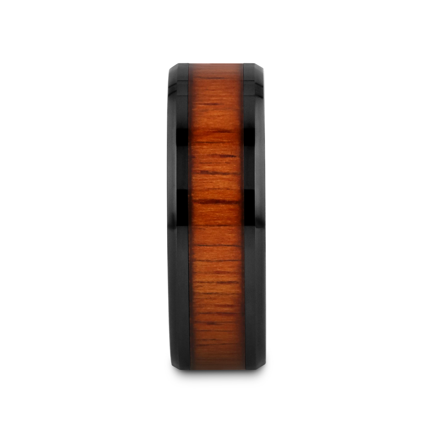ACACIA Koa Wood Inlaid Black Ceramic Ring with Bevels - 8mm - 12mm