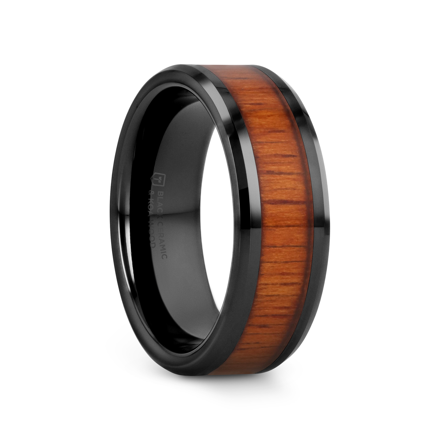 ACACIA Koa Wood Inlaid Black Ceramic Ring with Bevels - 8mm - 12mm