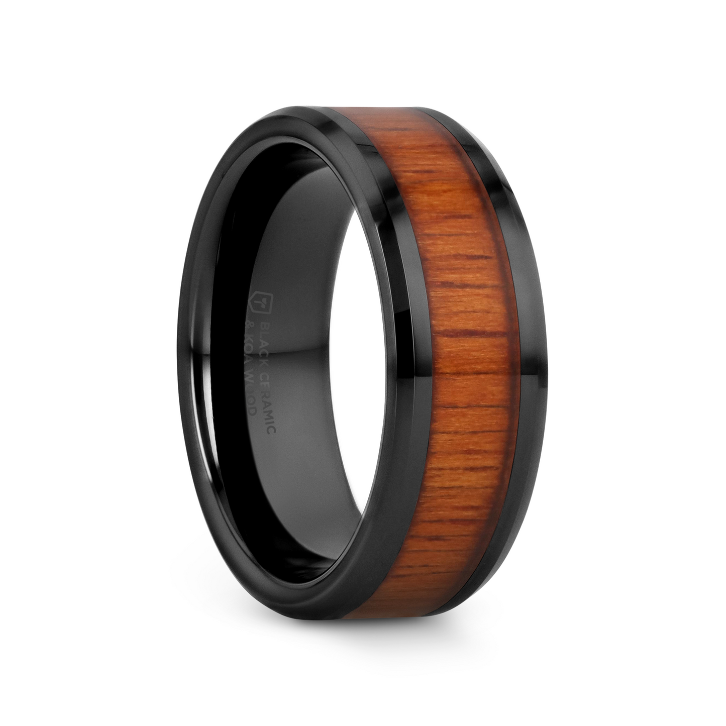 ACACIA Koa Wood Inlaid Black Ceramic Ring with Bevels - 8mm - 12mm