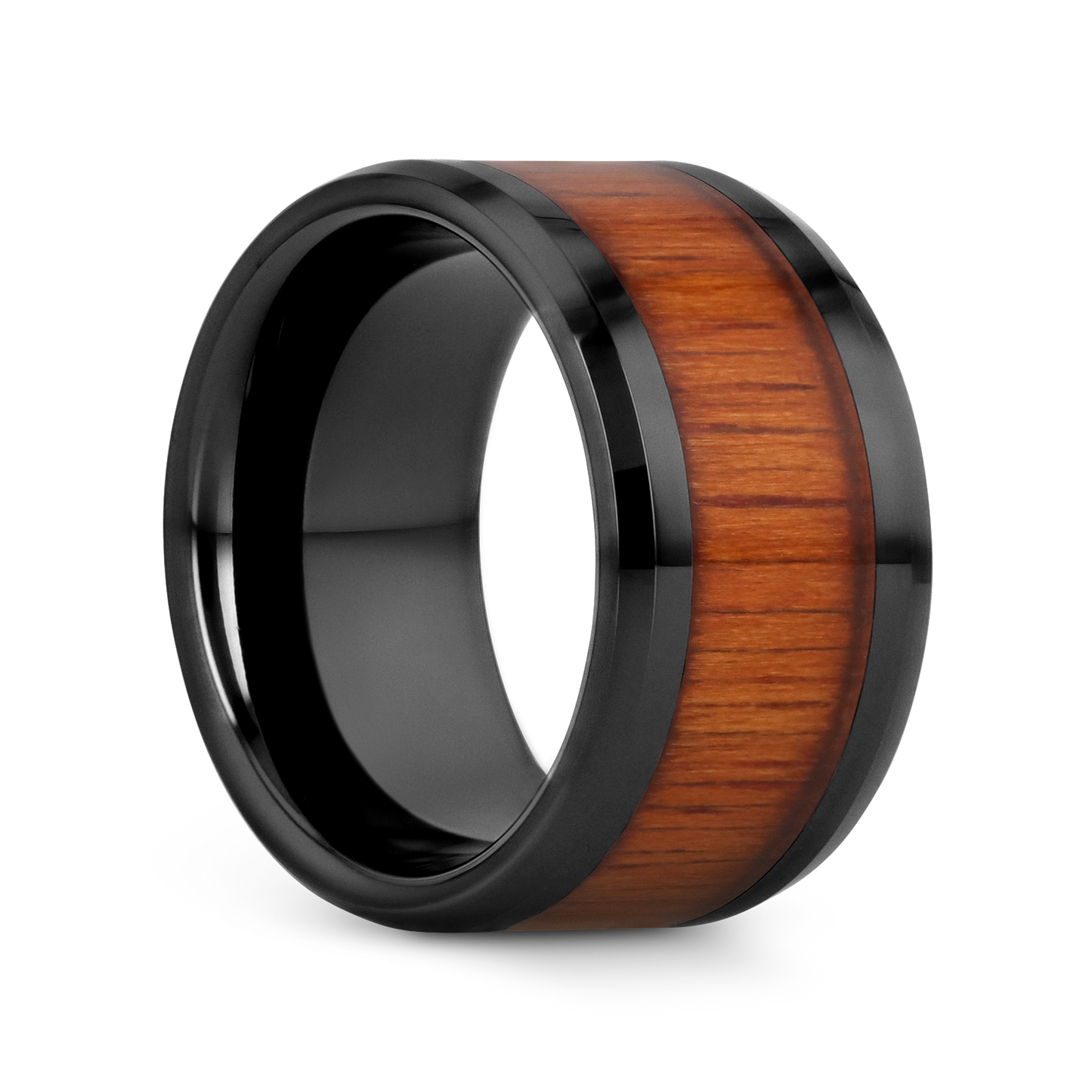 ACACIA Koa Wood Inlaid Black Ceramic Ring with Bevels - 8mm - 12mm