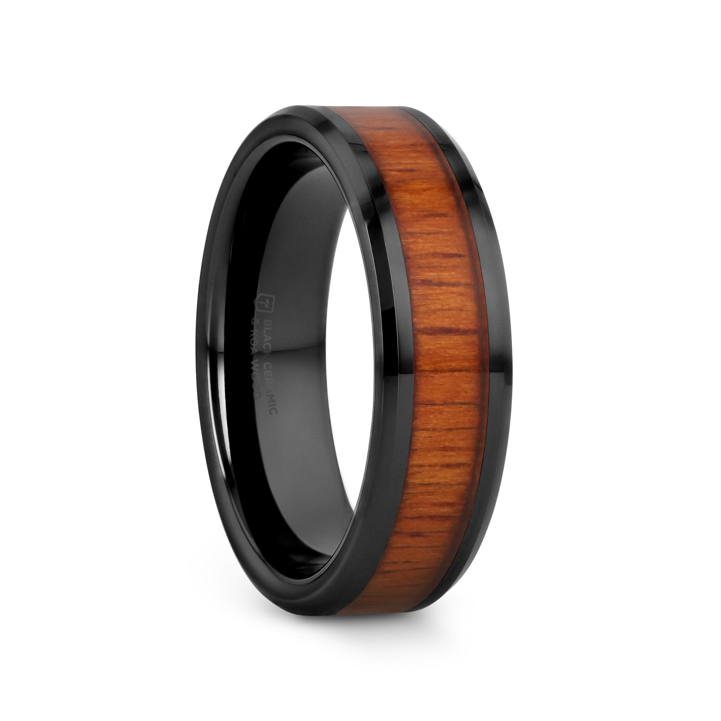 ACACIA Koa Wood Inlaid Black Ceramic Ring with Bevels - 8mm - 12mm