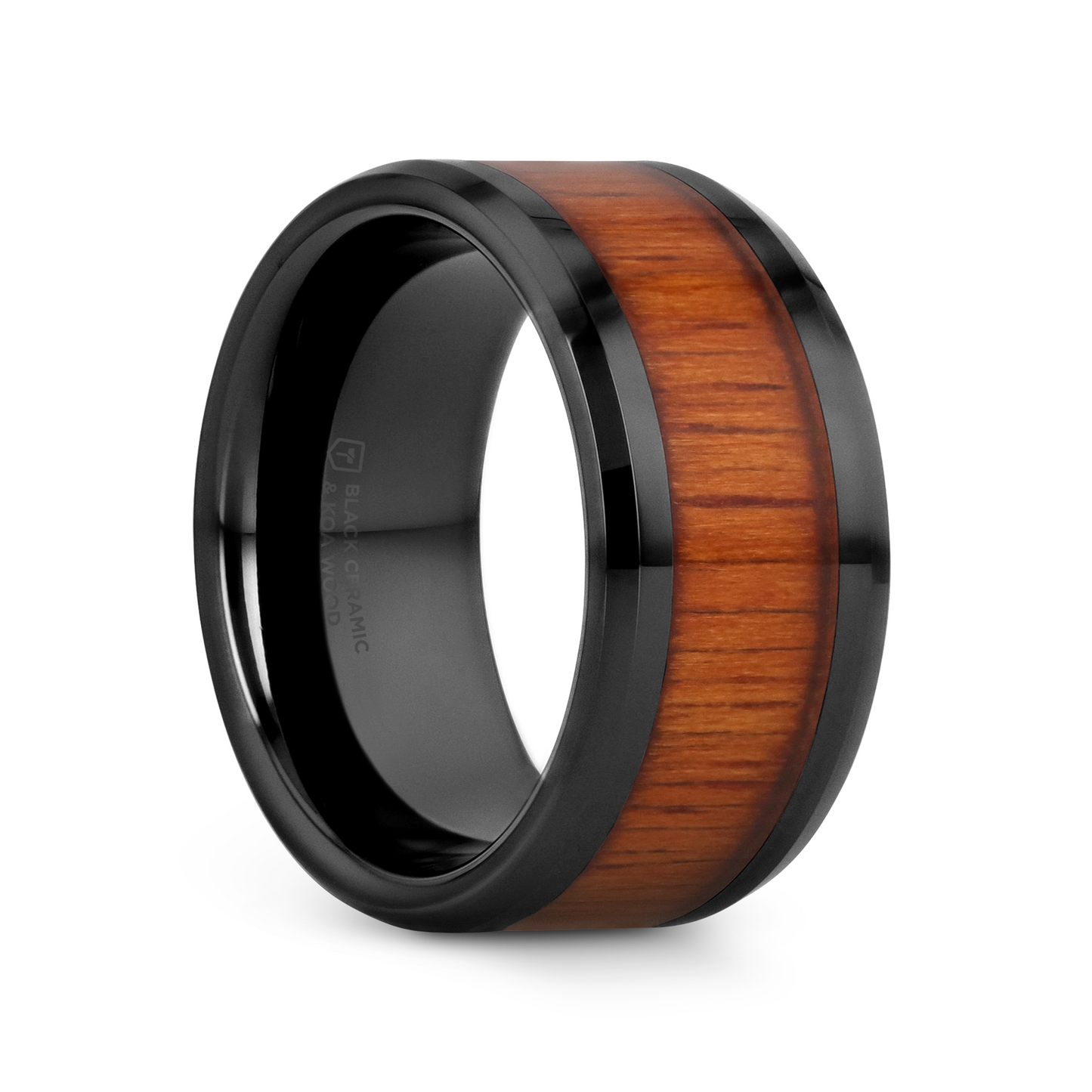 ACACIA Koa Wood Inlaid Black Ceramic Ring with Bevels - 8mm - 12mm