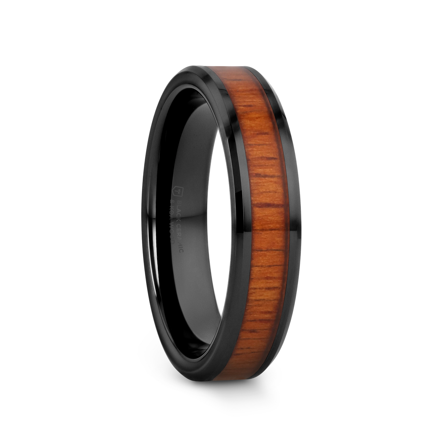 ACACIA Koa Wood Inlaid Black Ceramic Ring with Bevels - 8mm - 12mm