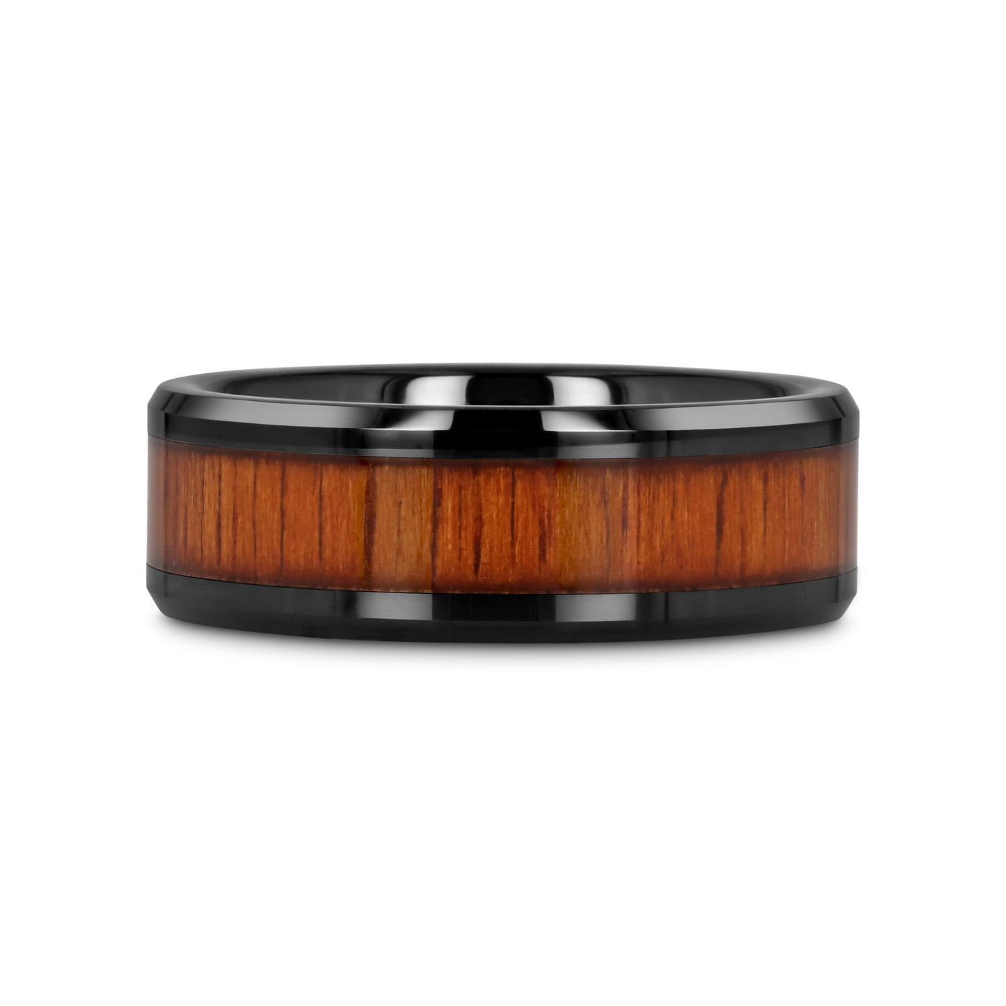 ACACIA Koa Wood Inlaid Black Ceramic Ring with Bevels - 8mm - 12mm