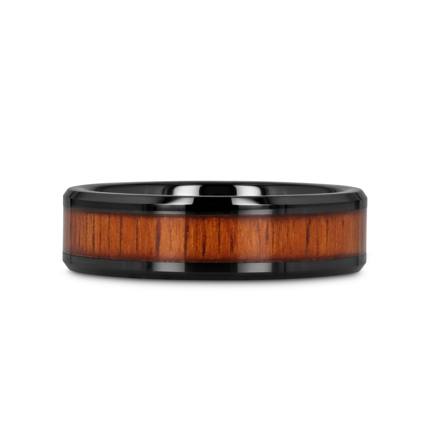 ACACIA Koa Wood Inlaid Black Ceramic Ring with Bevels - 8mm - 12mm
