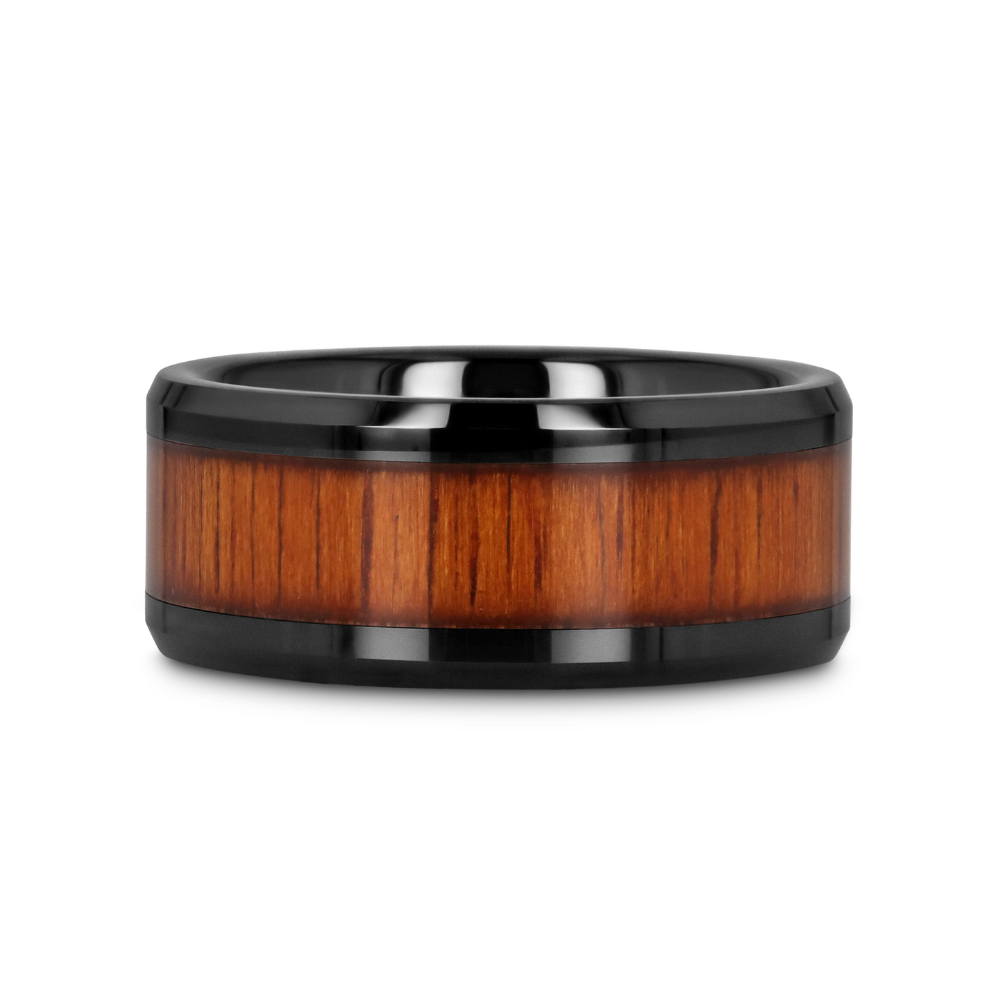 ACACIA Koa Wood Inlaid Black Ceramic Ring with Bevels - 8mm - 12mm