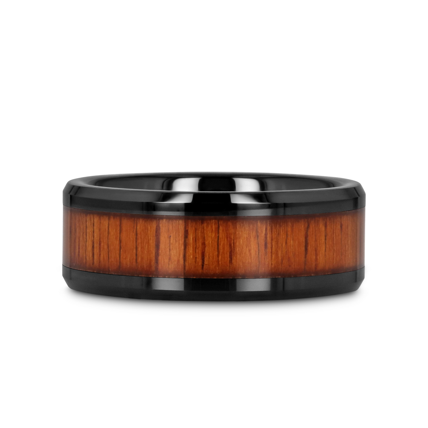 ACACIA Koa Wood Inlaid Black Ceramic Ring with Bevels - 8mm - 12mm
