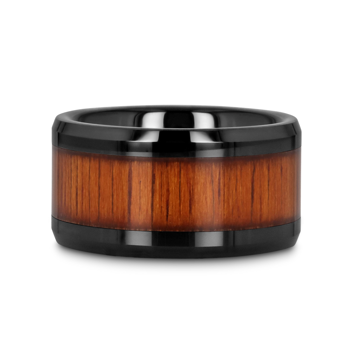 ACACIA Koa Wood Inlaid Black Ceramic Ring with Bevels - 8mm - 12mm