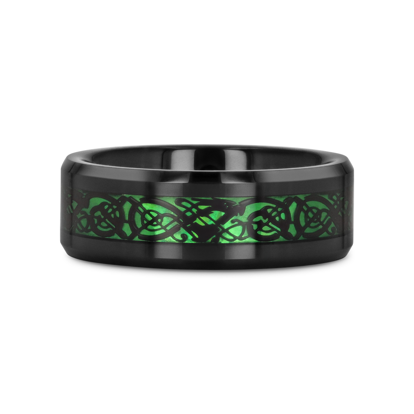 ALLURE Black Dragon Design With Green Background Inlaid Black Tungsten Men's Ring With Clear Coating And Beveled Edge - 8mm