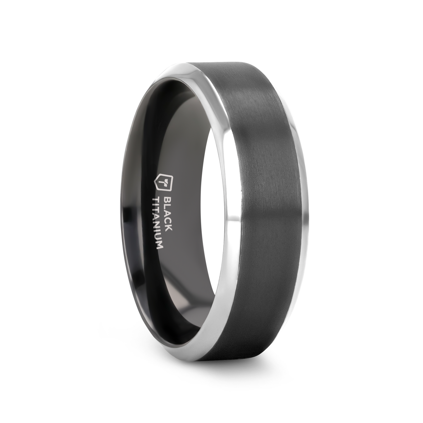 ATNOS Brushed Black Center Polished Beveled Edges Men’s Titanium Wedding Ring - 6mm & 8mm