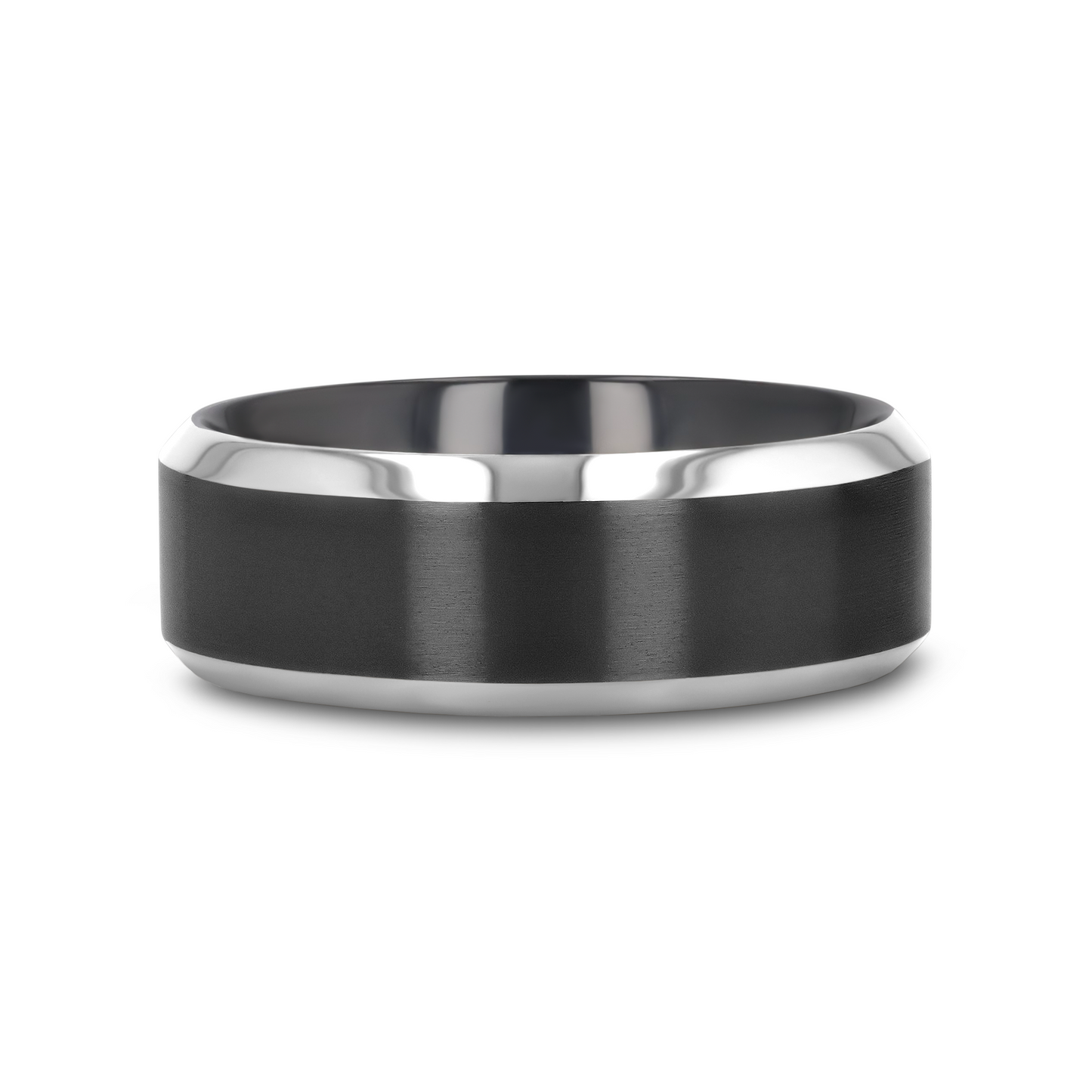 ATNOS Brushed Black Center Polished Beveled Edges Men’s Titanium Wedding Ring - 6mm & 8mm