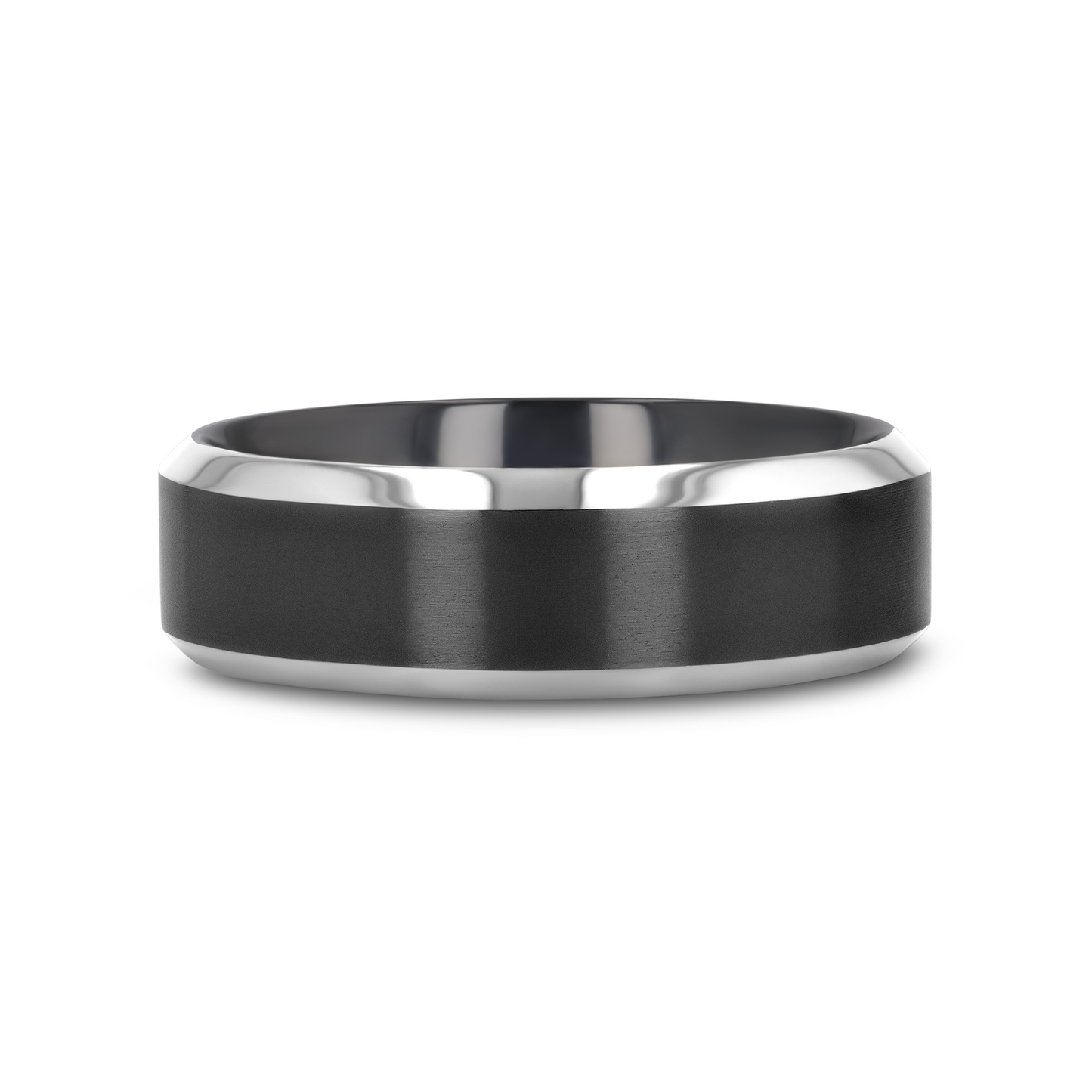 ATNOS Brushed Black Center Polished Beveled Edges Men’s Titanium Wedding Ring - 6mm & 8mm