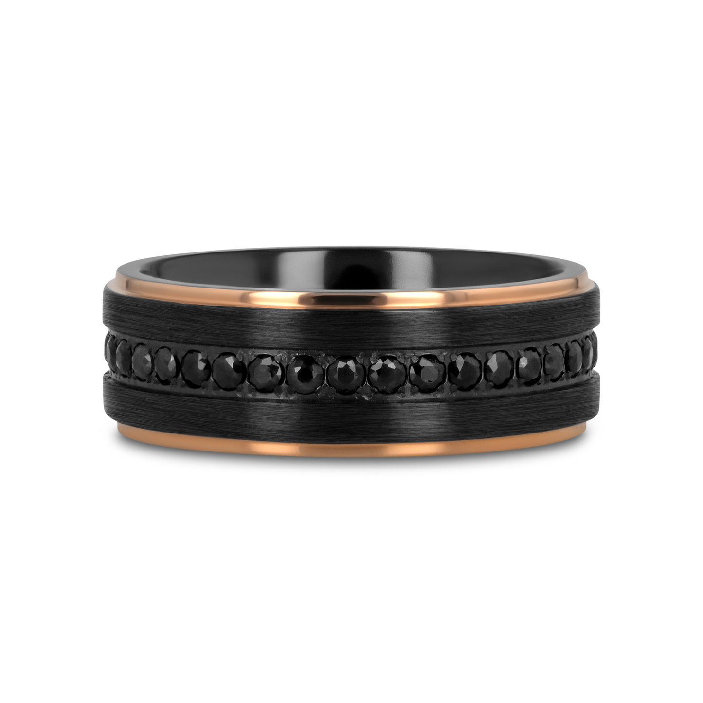 ASTRO Flat Brushed Black Titanium Ring with Rose Gold Plated Edge and Black Sapphire Settings All Around - 8mm