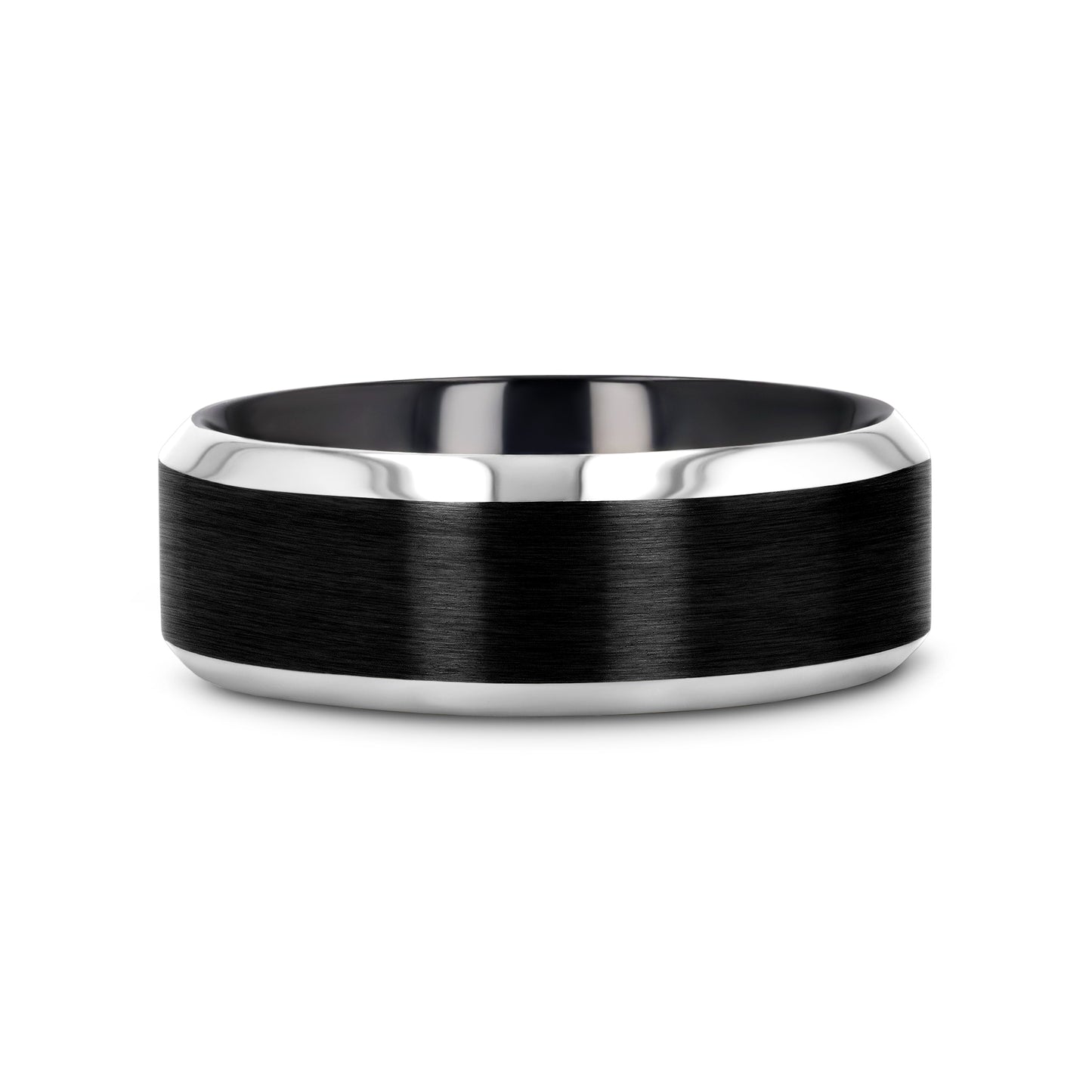 ATNOS Brushed Black Center Polished Beveled Edges Men’s Titanium Wedding Ring - 6mm & 8mm