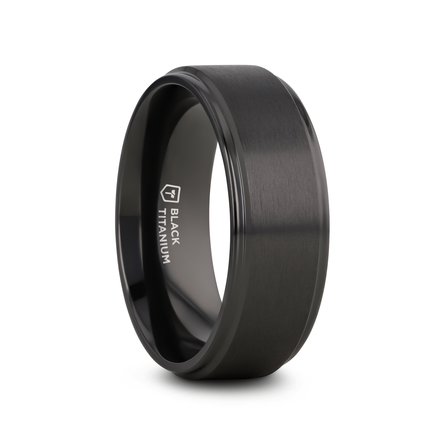 BABYLON Flat Black Titanium Ring with Brushed Raised Center & Polished Edges - 8mm