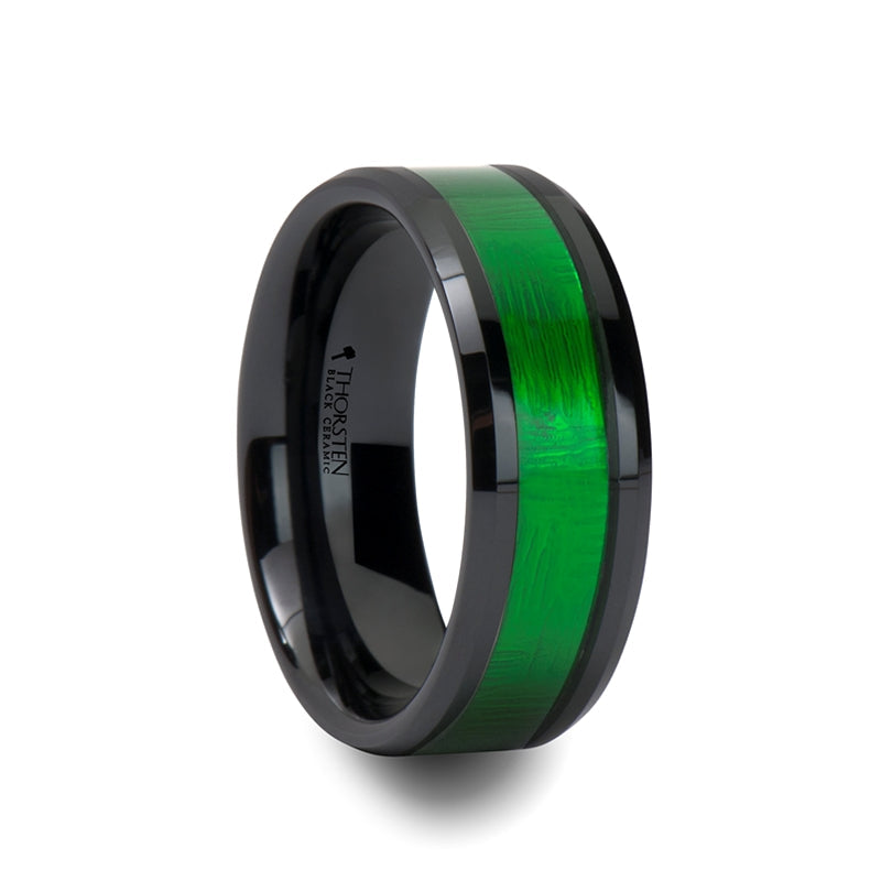 IRVING Beveled Black Ceramic Ring with Textured Green Inlay - 8mm