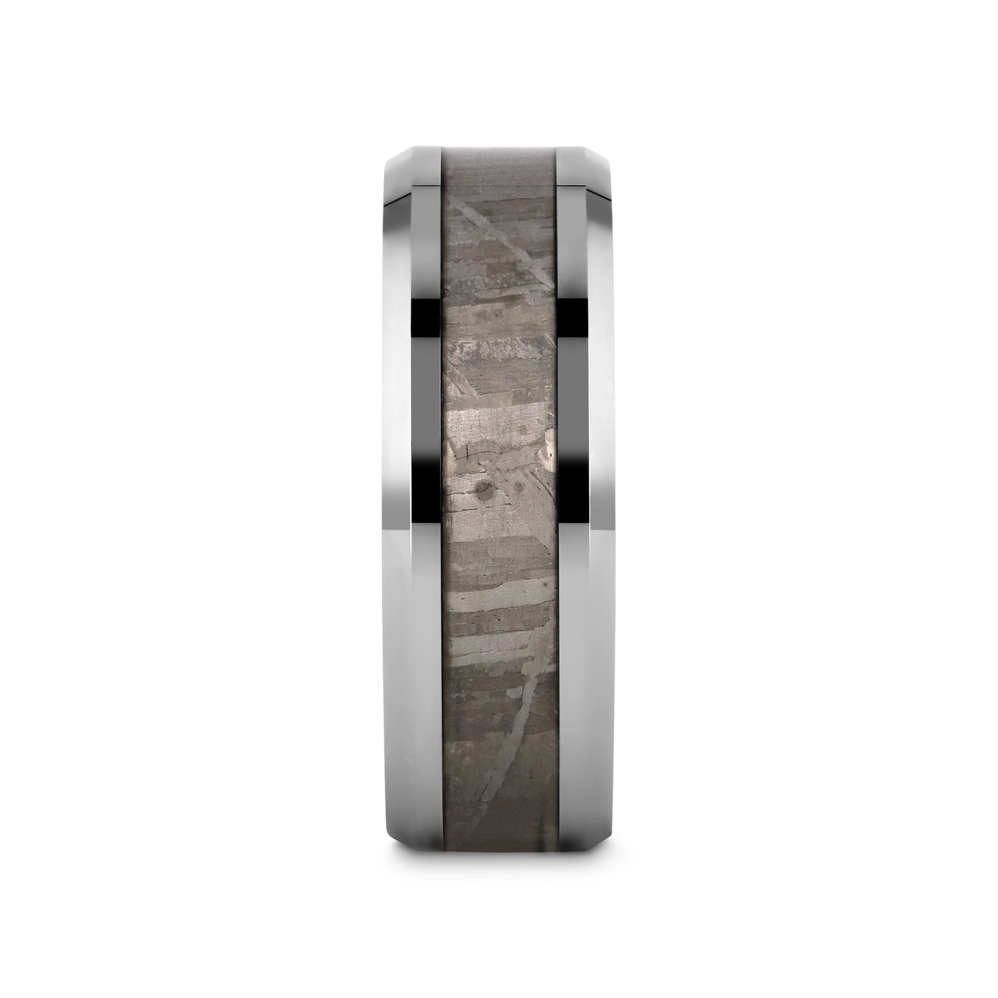 CELESTIAL Flat Tungsten Carbide Ring with Beveled Edges and Meteorite Inlay Thorsten - 8mm