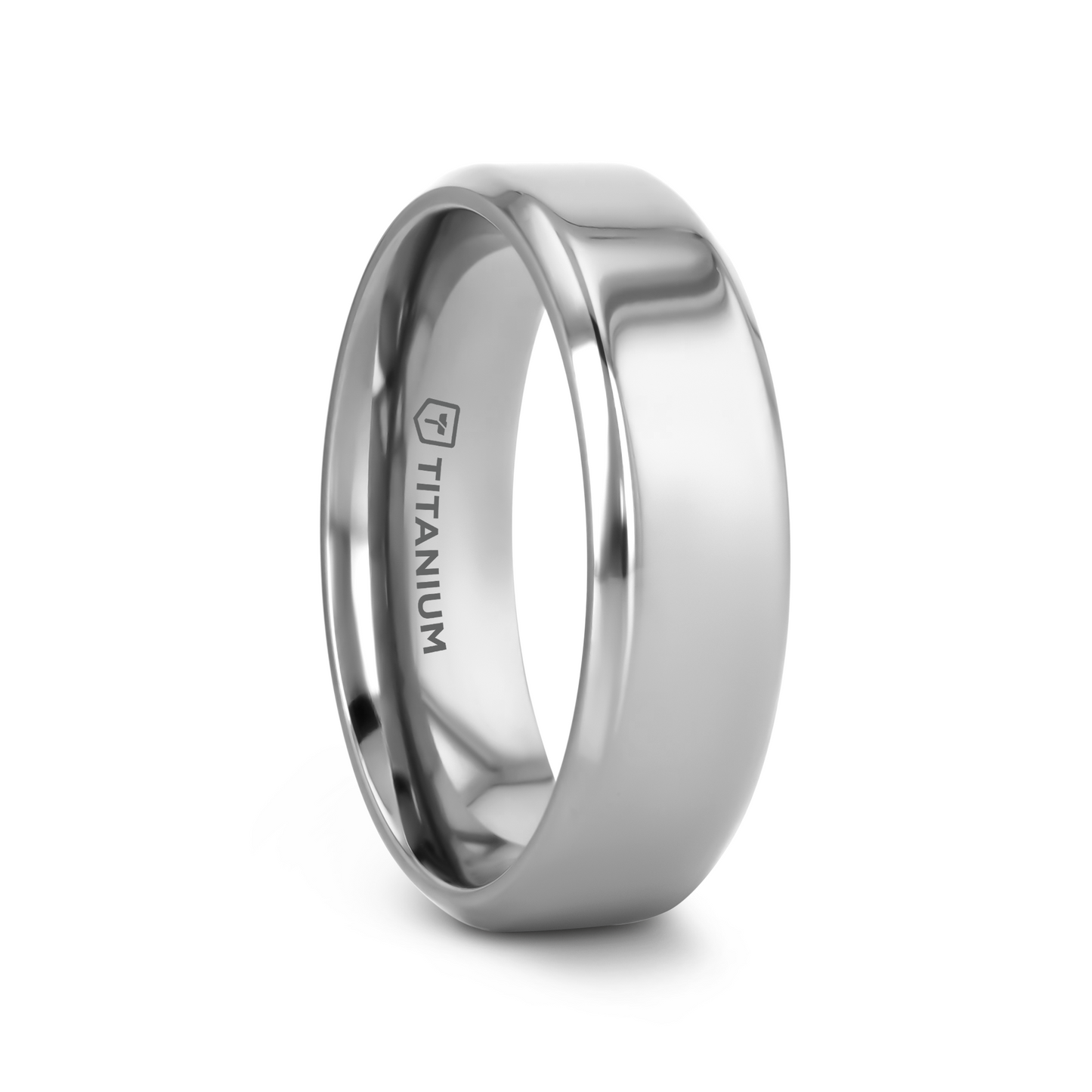 CORONAL Men’s Polished Finish Beveled Edges Titanium Wedding Ring with Raised Center - 6mm & 8mm