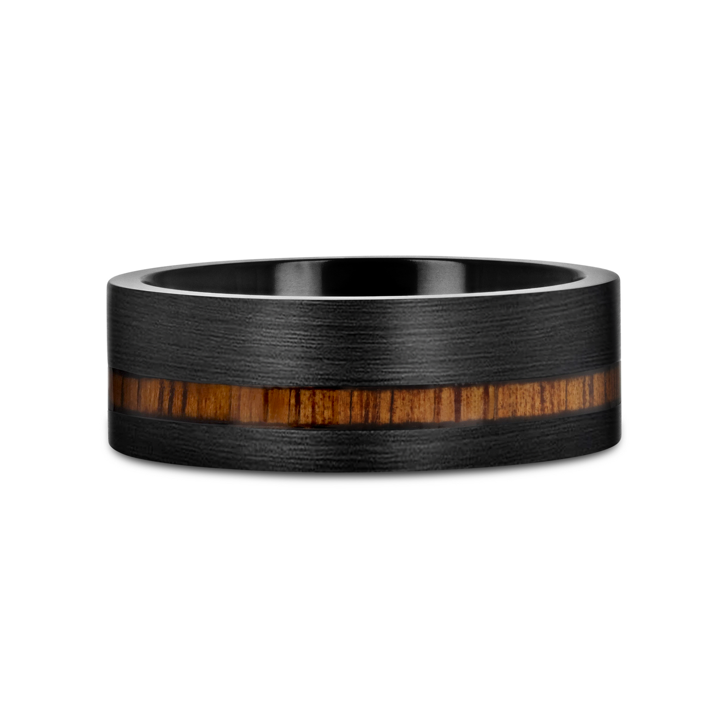 DARING Off-Set Koa Wood Inlaid Black Titanium Men's Wedding Band With Flat Brushed Finish - 8mm