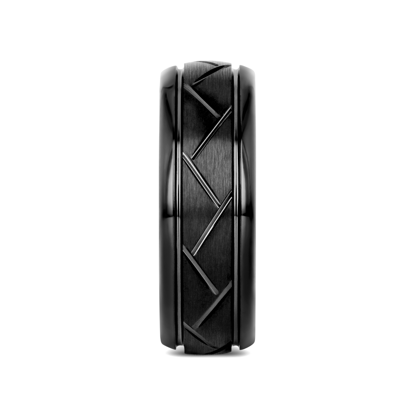 ENIGMA Domed Black Tungsten Ring with Brushed Cross Alternating Diagonal Cuts Pattern - 8mm