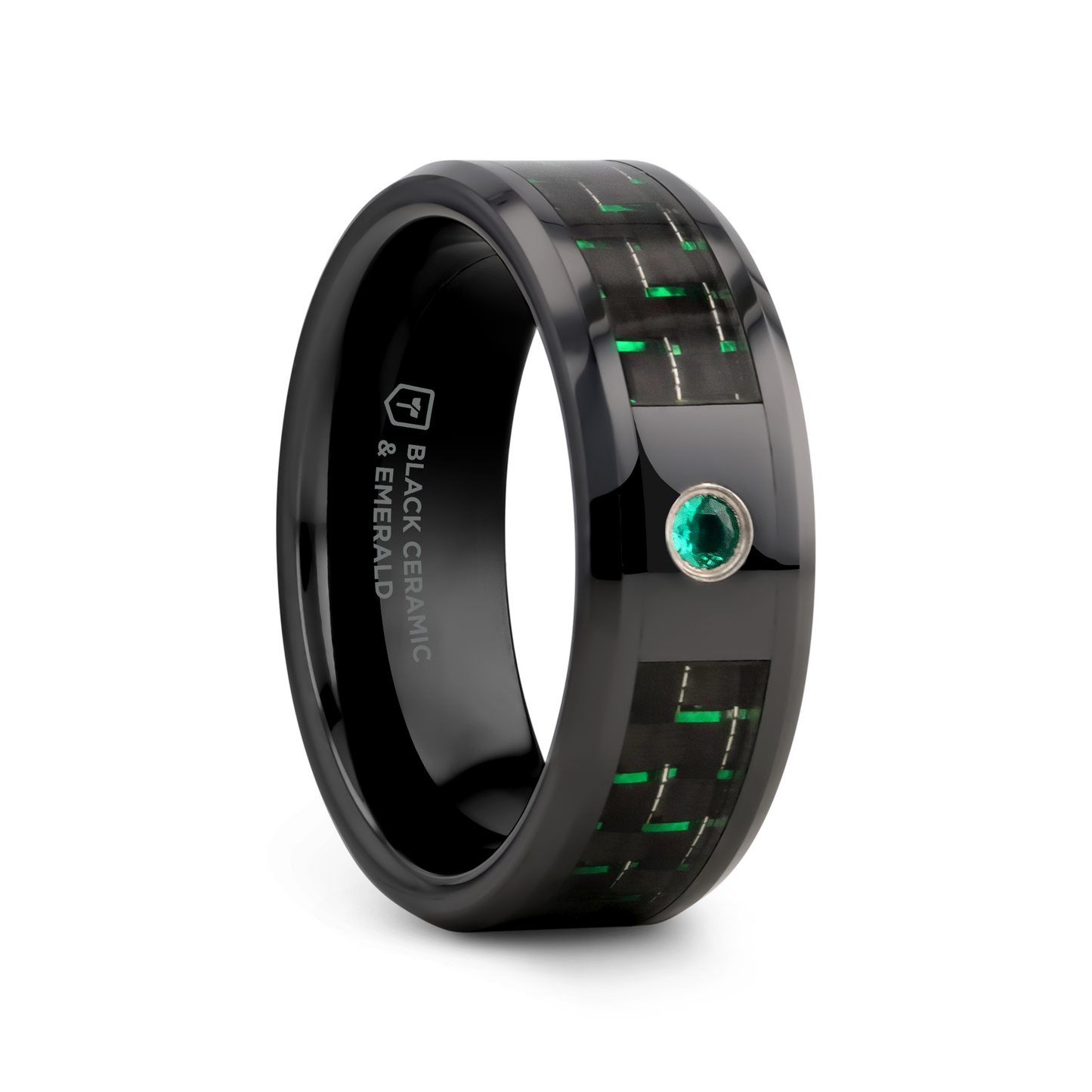 HADAR Black Ceramic Ring with Black and Green Carbon Fiber and Green Emerald Setting - 8mm