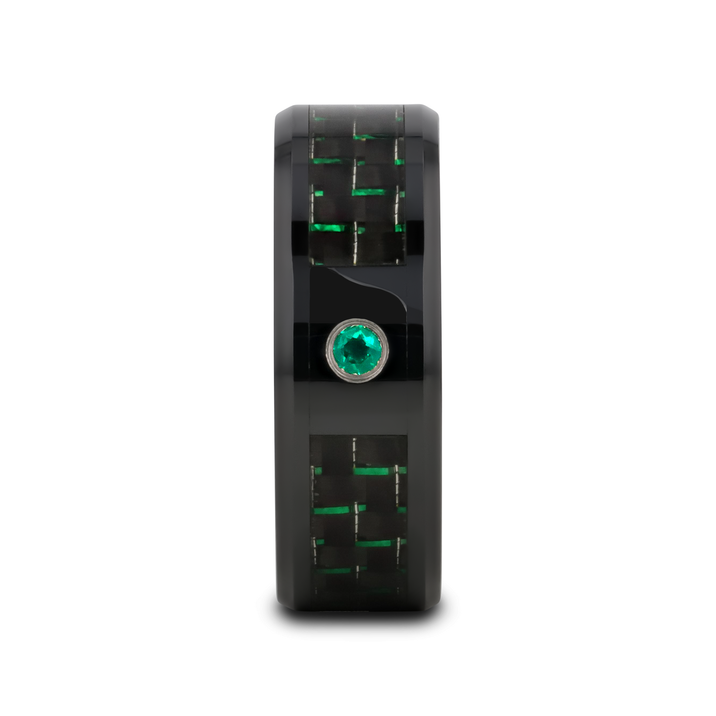 HADAR Black Ceramic Ring with Black and Green Carbon Fiber and Green Emerald Setting - 8mm