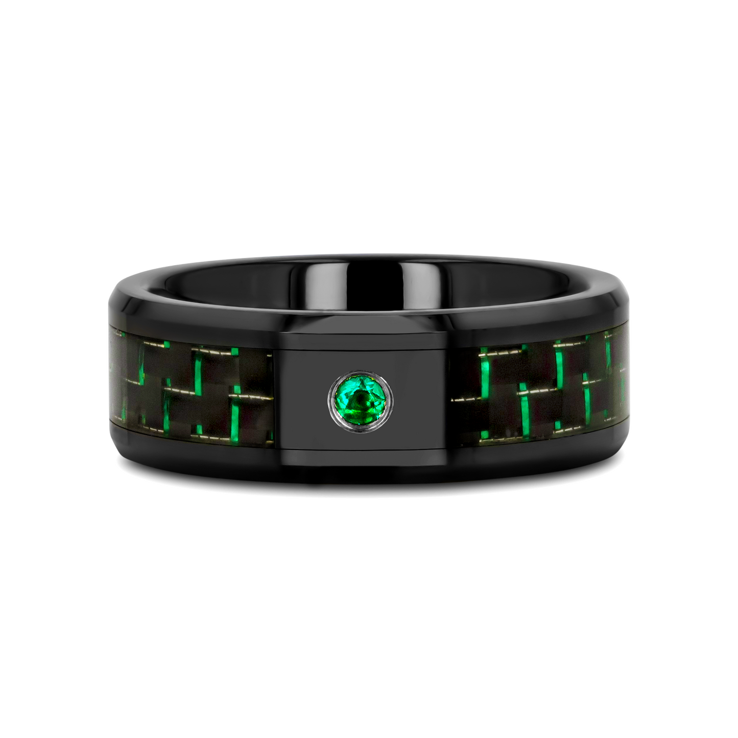 HADAR Black Ceramic Ring with Black and Green Carbon Fiber and Green Emerald Setting - 8mm