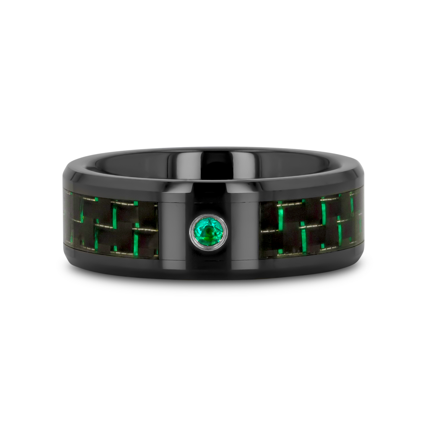 HADAR Black Ceramic Ring with Black and Green Carbon Fiber and Green Emerald Setting - 8mm
