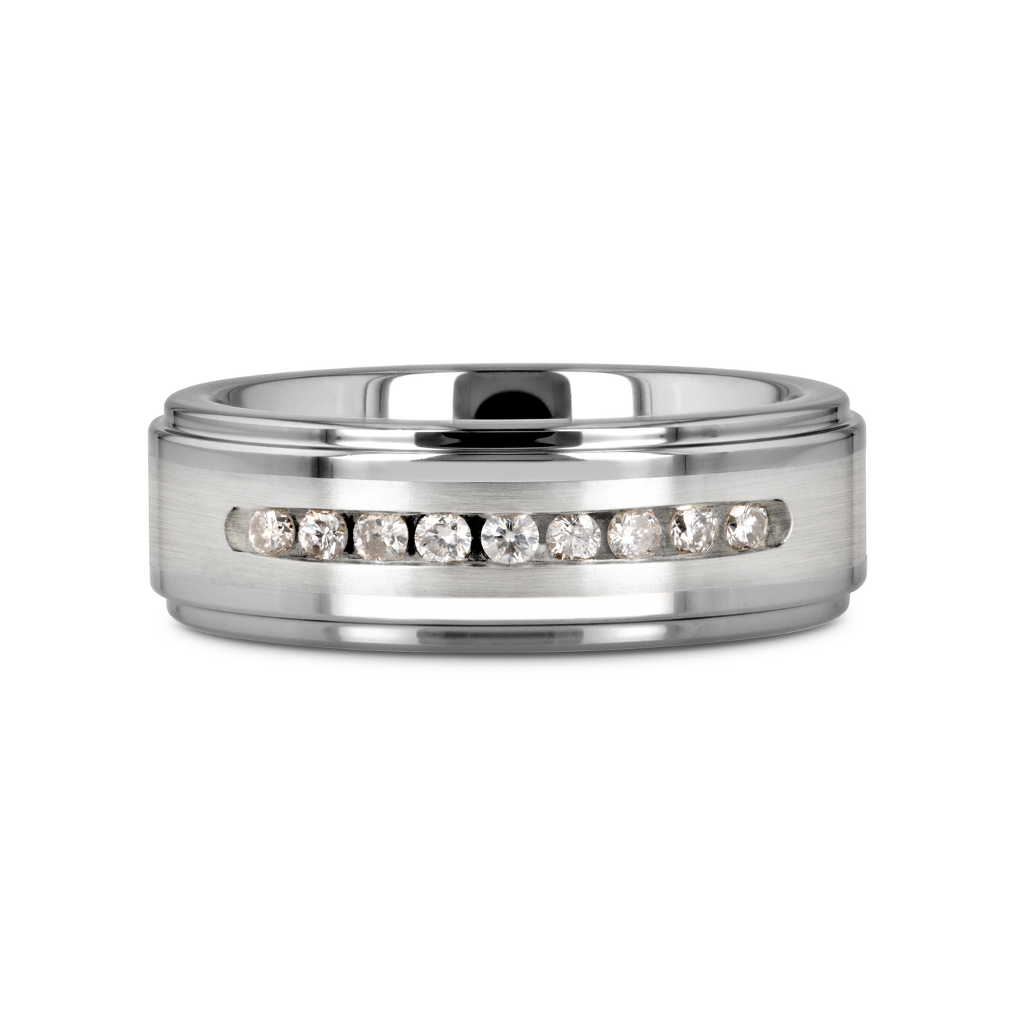 HARPER Tungsten Wedding Band with Raised Center & Brushed Silver Inlay and 9 Channel Set White Diamonds - 8mm