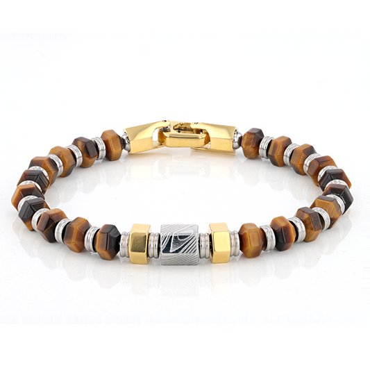 Hexagonal Tiger Eye Stone and Damascus Steel Bead Bracelet With Stainless Steel - 9 Inch