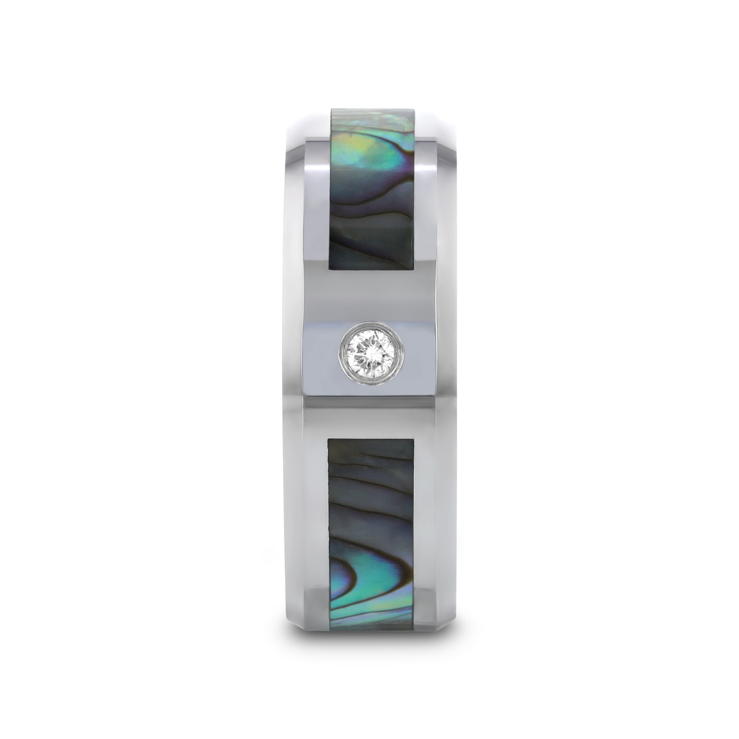HONOLULU Mother of Pearl Inlay Tungsten Carbide Ring with Beveled Edges and White Diamond - 8mm