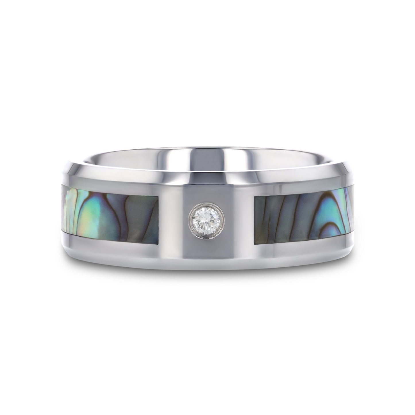 HONOLULU Mother of Pearl Inlay Tungsten Carbide Ring with Beveled Edges and White Diamond - 8mm