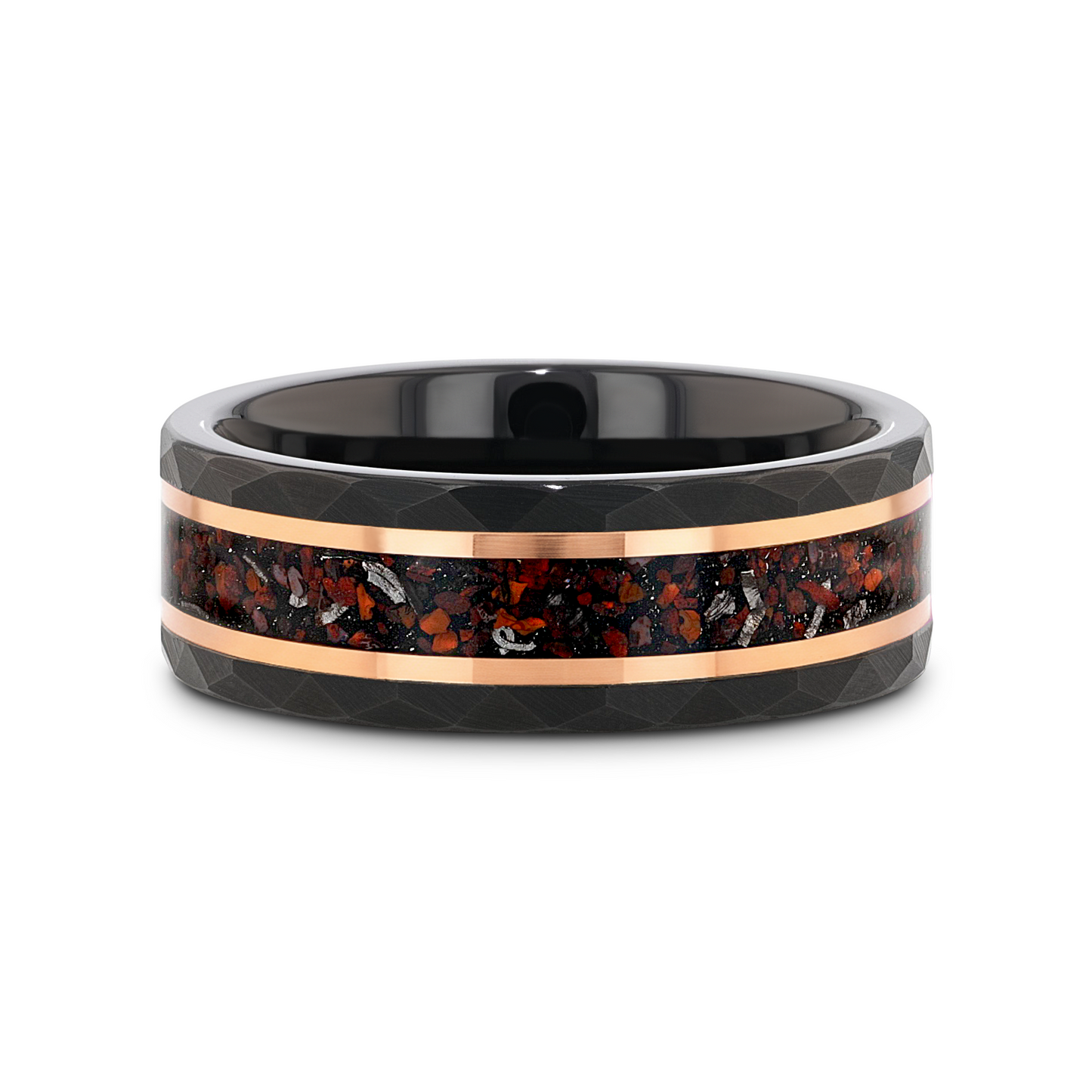 INFERNO Black/Rose Hammered Tungsten Carbide Ring with Dinosaur Bones and Meteorite - 8mm