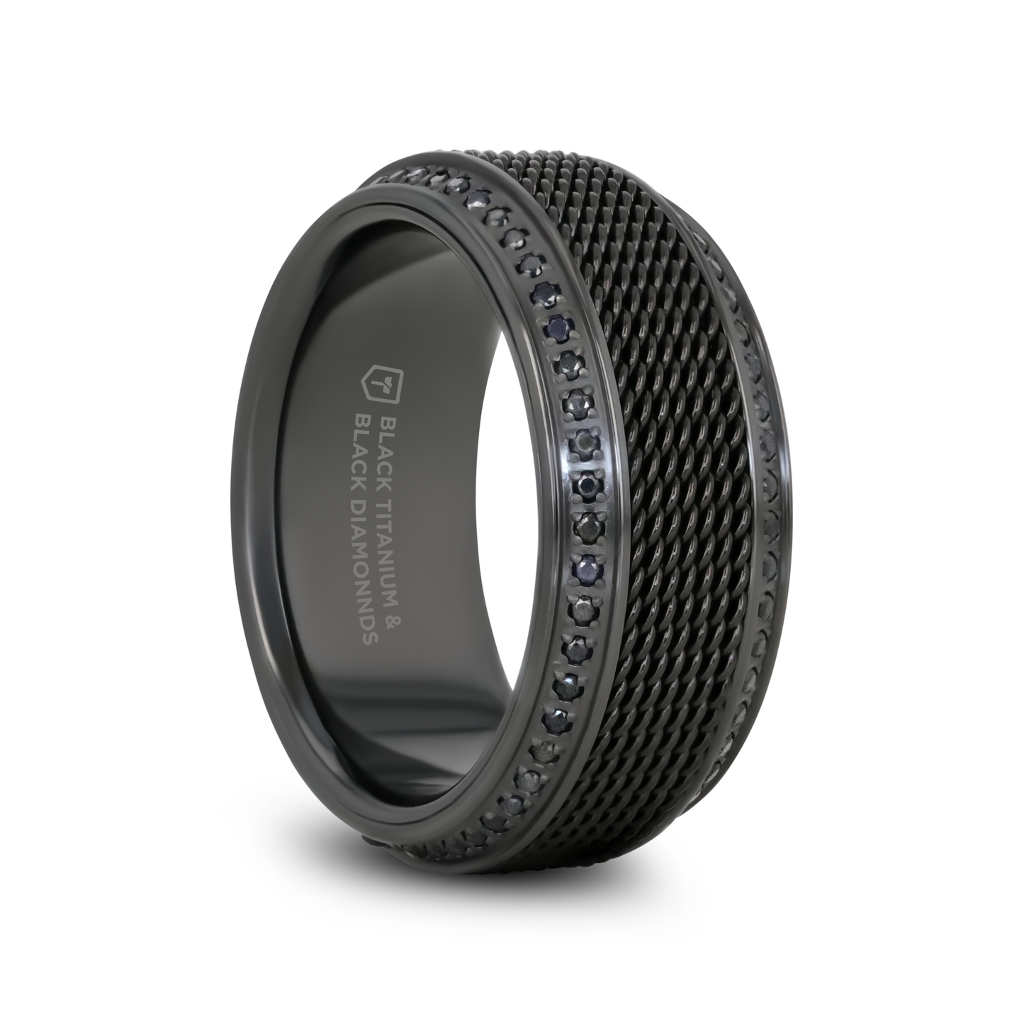KNIGHT Steel Chain Black Titanium Wedding Ring Polished Beveled Edges Set with Round Black Diamonds - 10mm