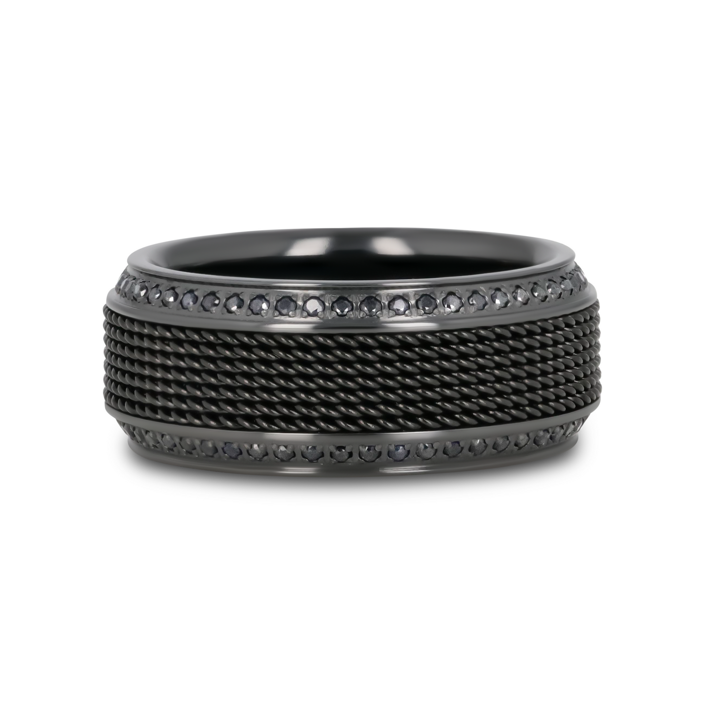 KNIGHT Steel Chain Black Titanium Wedding Ring Polished Beveled Edges Set with Round Black Diamonds - 10mm