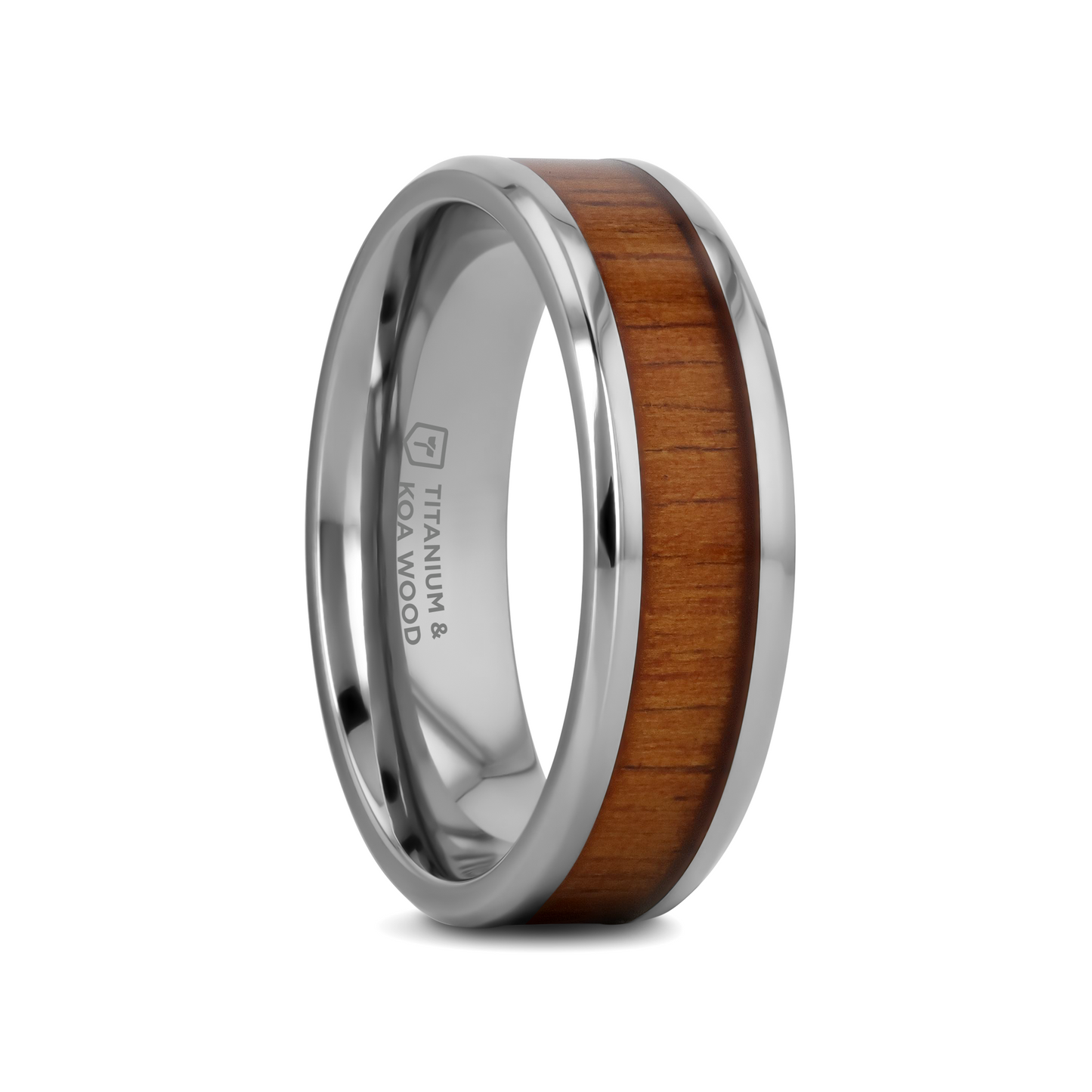 KOAN Titanium Polished Finish Koa Wood Inlaid Men’s Wedding Ring with Beveled Edges - 6mm & 8mm