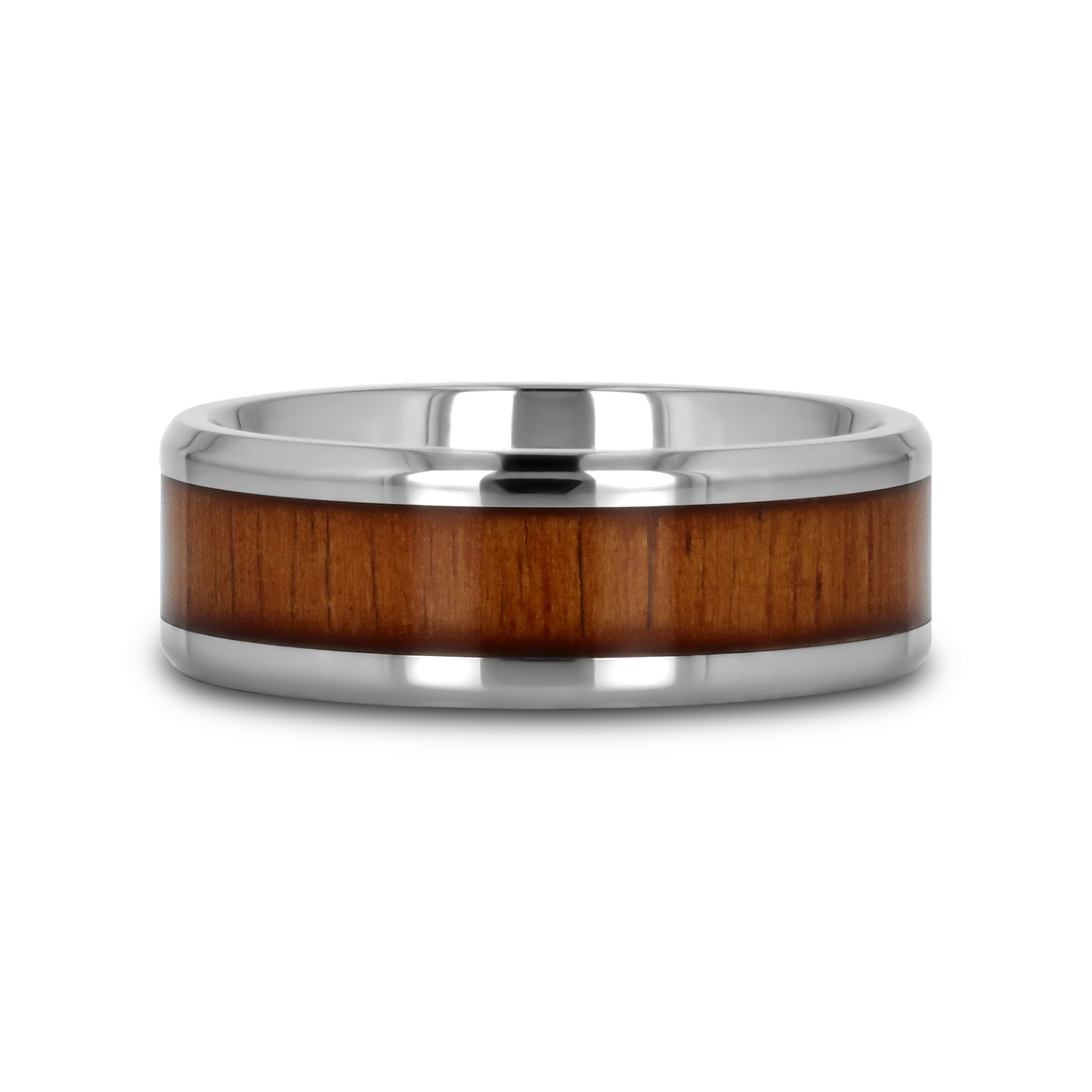 KOAN Titanium Polished Finish Koa Wood Inlaid Men’s Wedding Ring with Beveled Edges - 6mm & 8mm