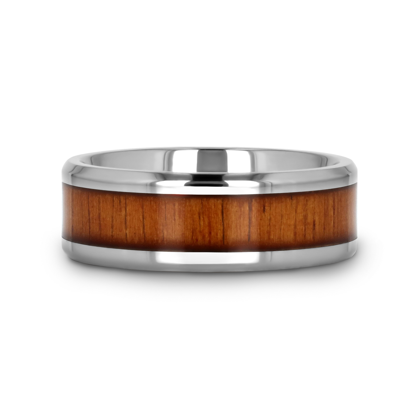 KOAN Titanium Polished Finish Koa Wood Inlaid Men’s Wedding Ring with Beveled Edges - 6mm & 8mm